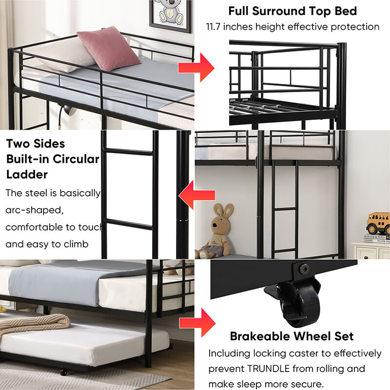 78 Twin-Over-Twin Black Metal Bunkbed with Trundle and 2 Side-Ladders