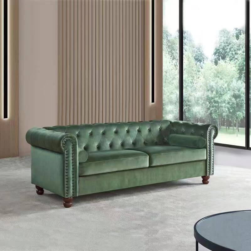 79" Green Chesterfield Tufted Fabric Upholstered Sofa with Nailhead Scrolled Arms