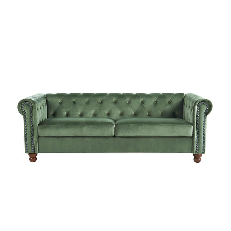 79" Green Chesterfield Tufted Fabric Upholstered Sofa with Nailhead Scrolled Arms