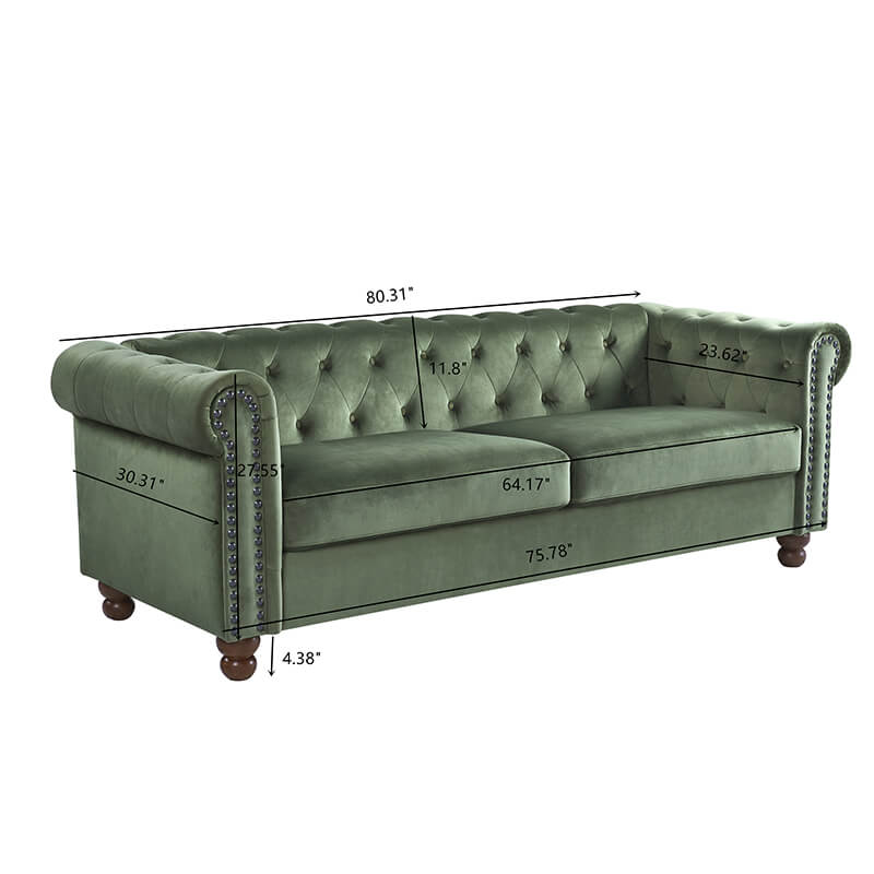 A dimension Image of our 79" Green Chesterfield Tufted Fabric Upholstered Sofa with Nailhead Scrolled Arms