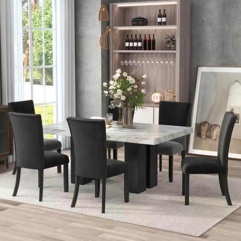 7 Piece Faux Marble Dining Table Set with Black Velvet Chairs