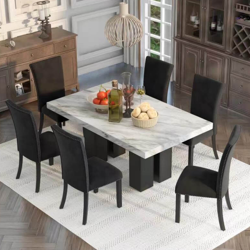 7 Piece Faux Marble Dining Table Set with Black Velvet Chairs