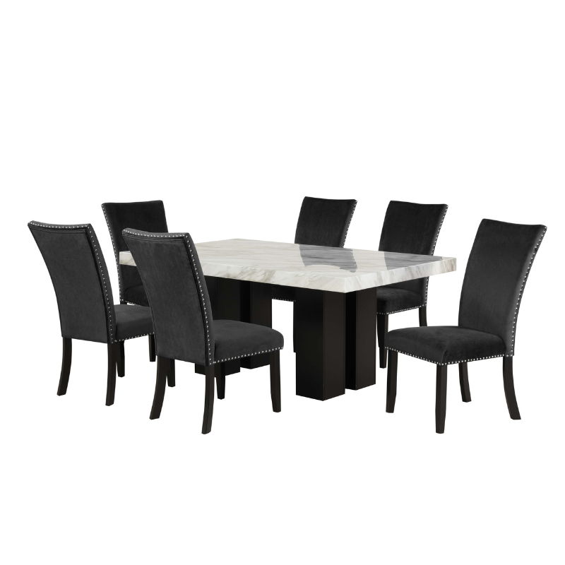 7 Piece Faux Marble Dining Table Set with Black Velvet Chairs