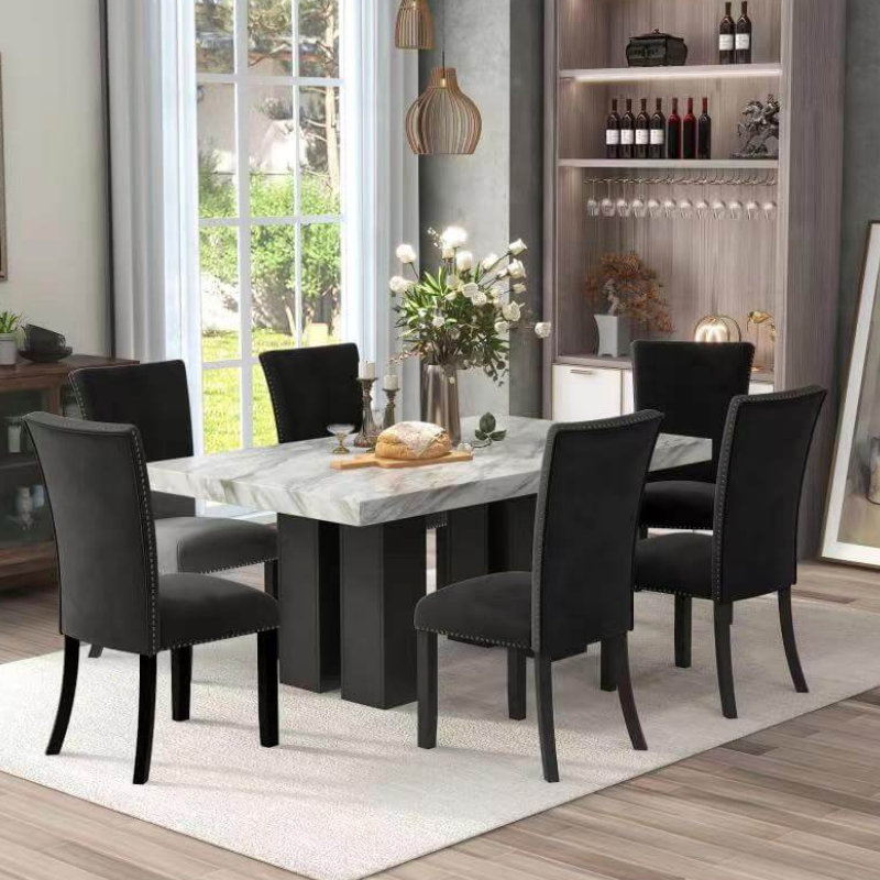 7 Piece Faux Marble Dining Table Set with Black Velvet Chairs