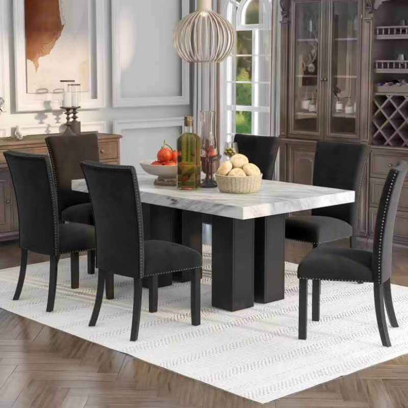 7 Piece Faux Marble Dining Table Set with Black Velvet Chairs