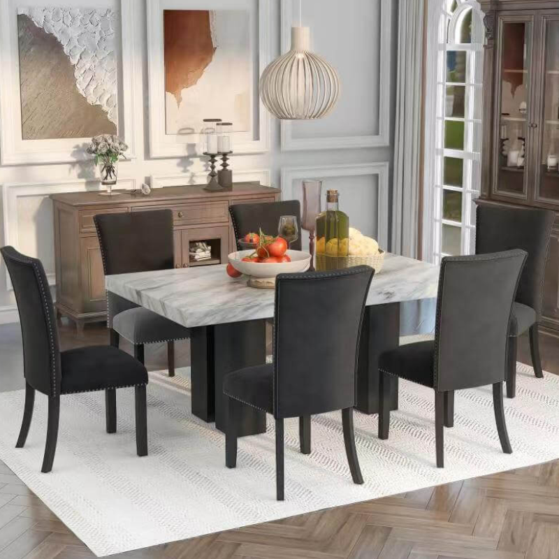 7 Piece Faux Marble Dining Table Set with Black Velvet Chairs