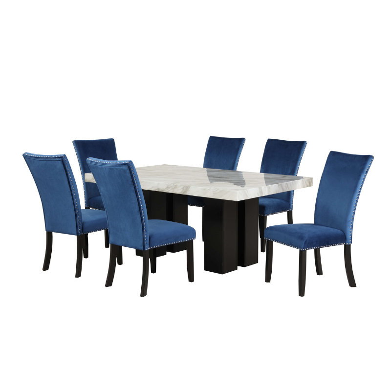 7 Piece Faux Marble Dining Table Set with Blue Velvet Chairs