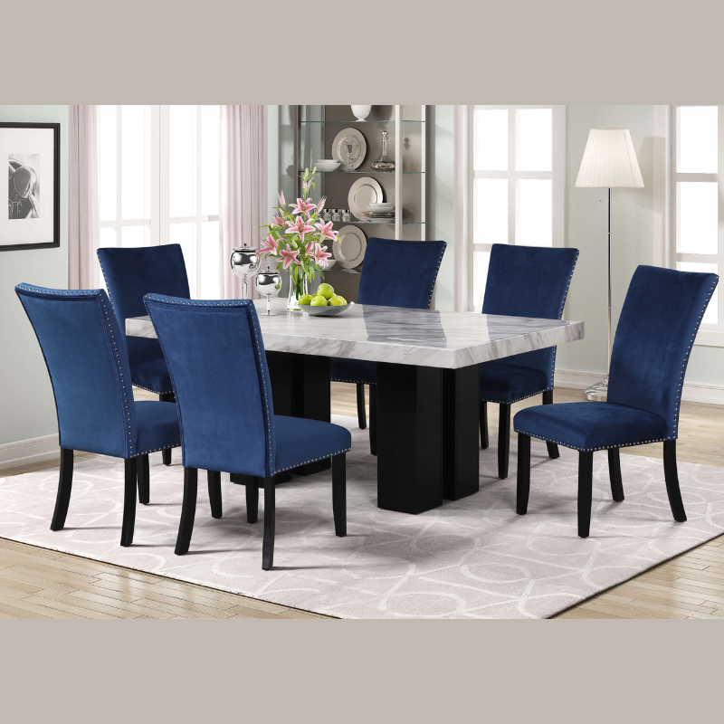 7 Piece Faux Marble Dining Table Set with Blue Velvet Chairs