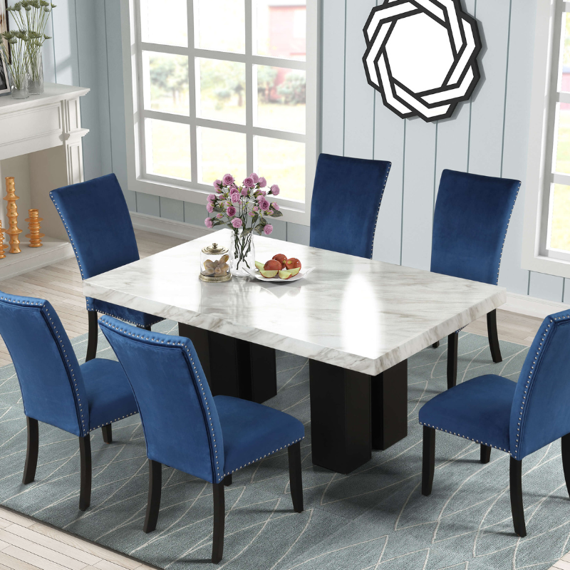 7 Piece Faux Marble Dining Table Set with Blue Velvet Chairs