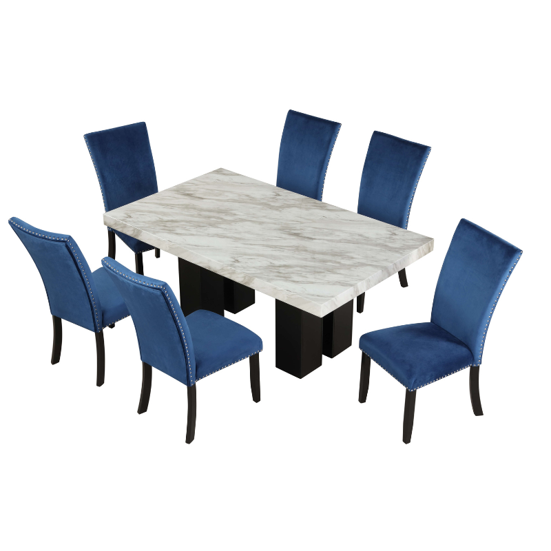 7 Piece Faux Marble Dining Table Set with Blue Velvet Chairs