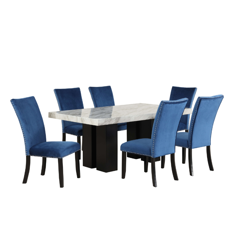 7 Piece Faux Marble Dining Table Set with Blue Velvet Chairs