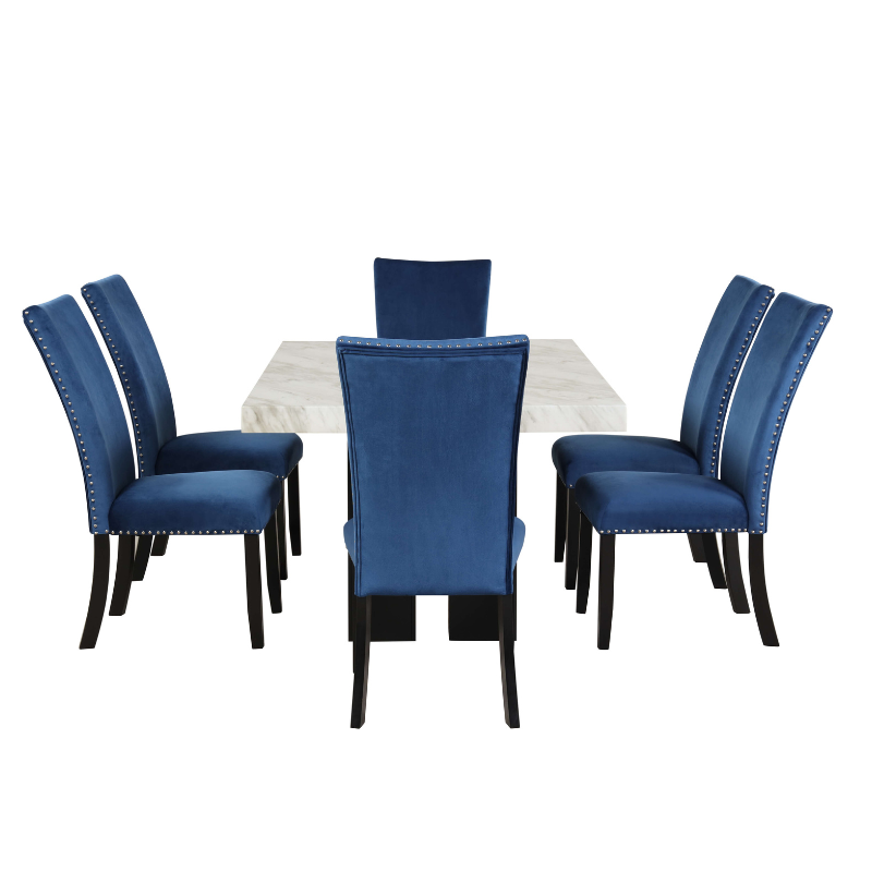 7 Piece Faux Marble Dining Table Set with Blue Velvet Chairs