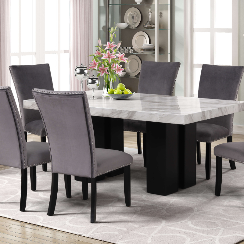 7 Piece Faux Marble Dining Table Set with Gray Velvet Chairs