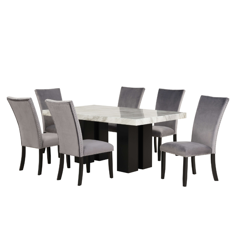 7 Piece Faux Marble Dining Table Set with Gray Velvet Chairs