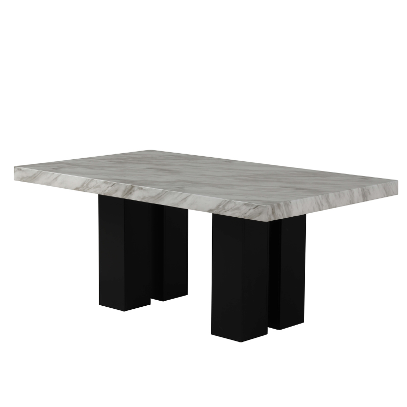 7 Piece Faux Marble Dining Table Set with Gray Velvet Chairs