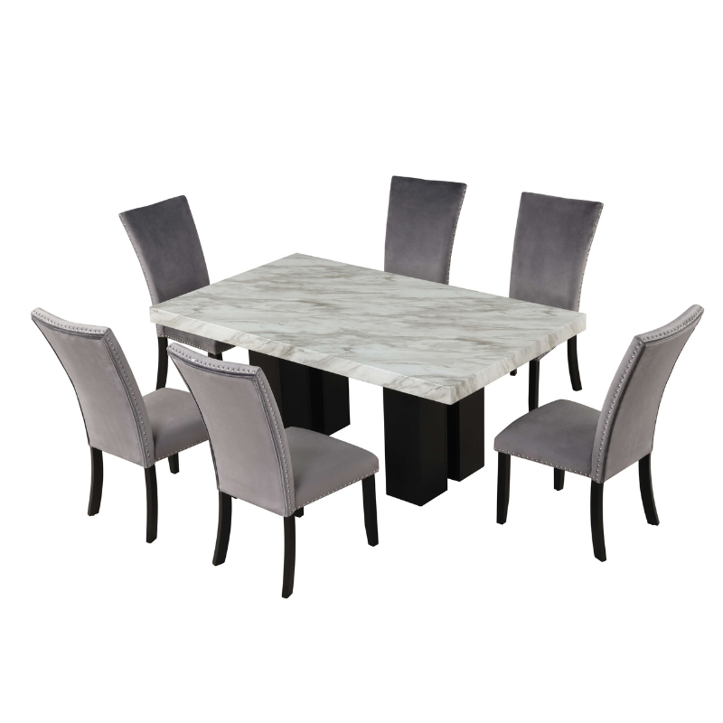 7 Piece Faux Marble Dining Table Set with Gray Velvet Chairs