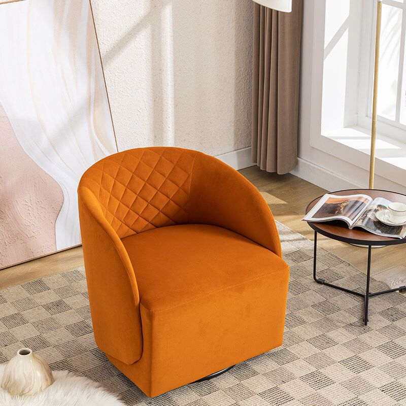 25" Orange Round Velvet Swivel Accent Barrel Chair With Black Base