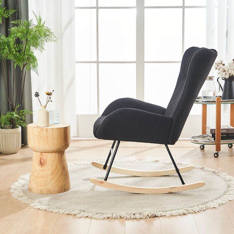 36.5" Modern Nursery Rocking Chair with Wooden Legs - Black Teddy Fabric