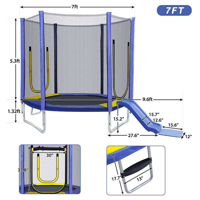 A dimension Image of our 7FT Purple Round Trampoline for Kids with Safety Enclosure Net Slide and Ladder -115"