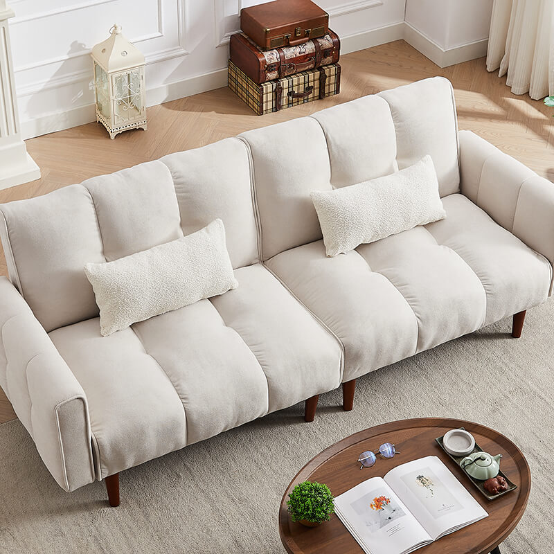 81" Ivory Linen Upholstered Convertible Futon Sofa Bed with Wooden Legs and 2 Pillows