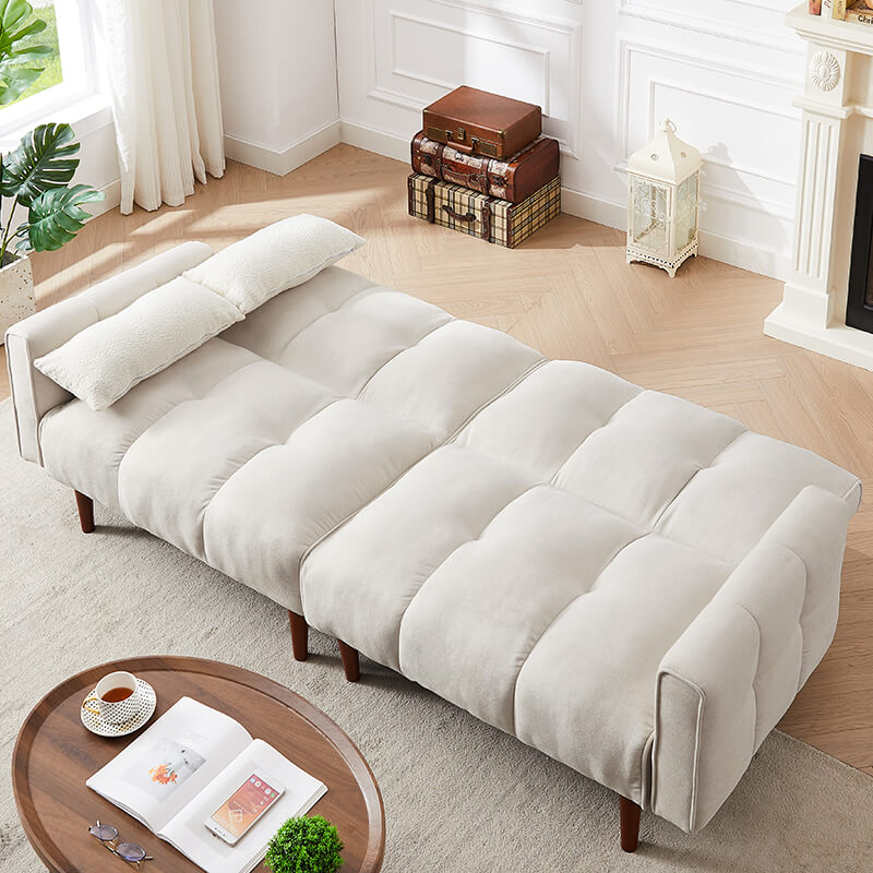 81" Ivory Linen Upholstered Convertible Futon Sofa Bed with Wooden Legs and 2 Pillows