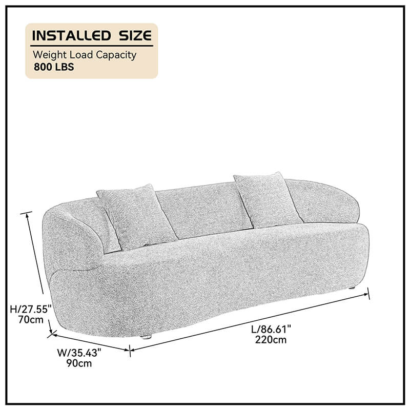 A dimension Image of 86" Mid-century Beige 3-seat Curved Boucle Fabric Upholstered Swivel Sofa with 2 throw pillows