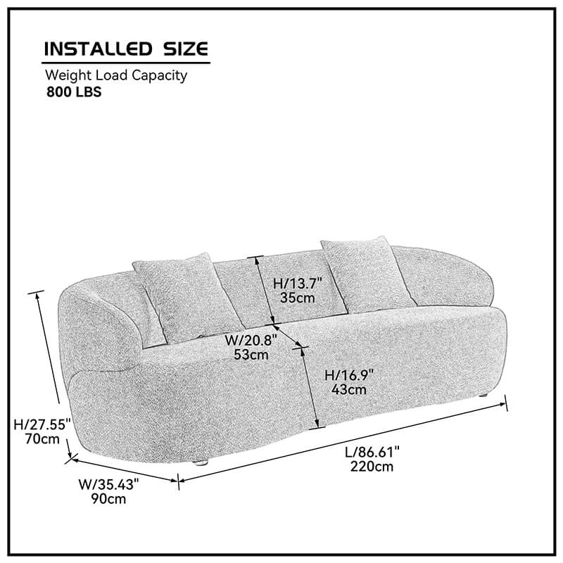 A dimension Image of our 86" Mid-century Grey 3-seatCurved Boucle Fabric Upholstered Swivel Sofa with 2 throw pillows