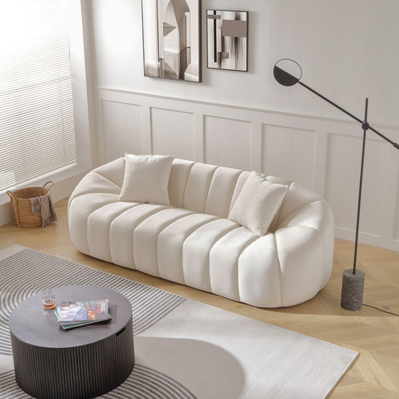 88" Modern Beige Sofa with Channel Tufted Curved Back