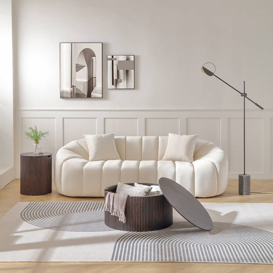 88" Modern Beige Sofa with Channel Tufted Curved Back