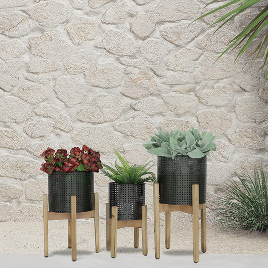 8/9/11" Black Metal Mesh Planters with Natural Wood Stand - Set of 3