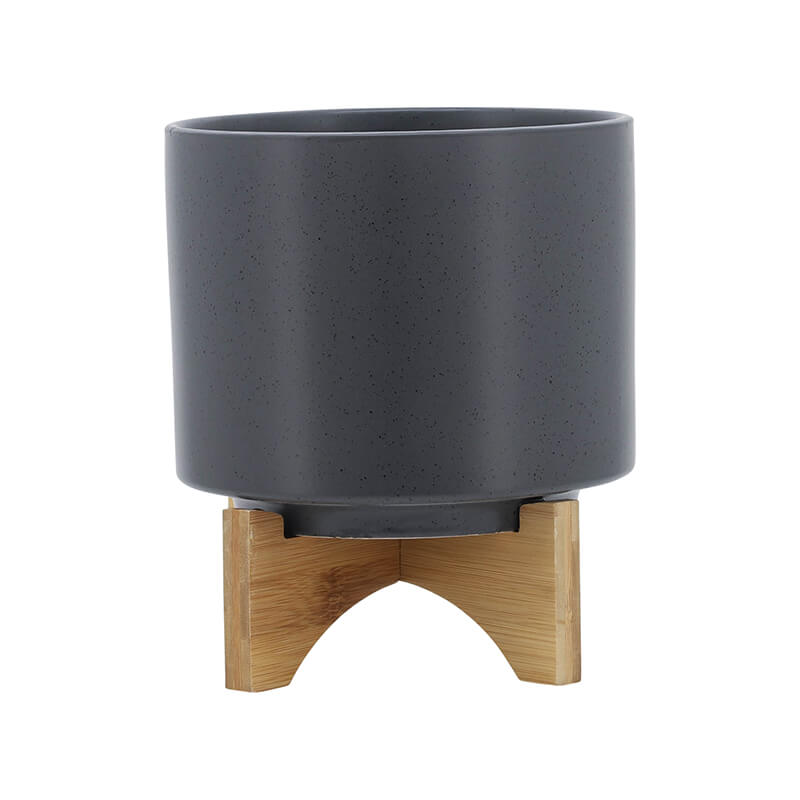 8" Modern Matte Gray Ceramic Plant Stand with Brown Wood Leg