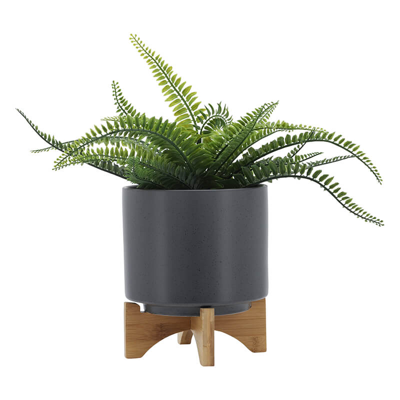 8" Modern Matte Gray Ceramic Plant Stand with Brown Wood Leg