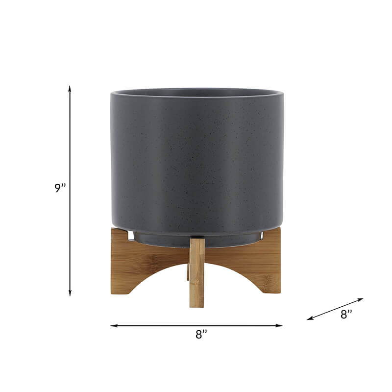 A dimension Image of our 8" Modern Matte Gray Ceramic Plant Stand with Brown Wood Leg