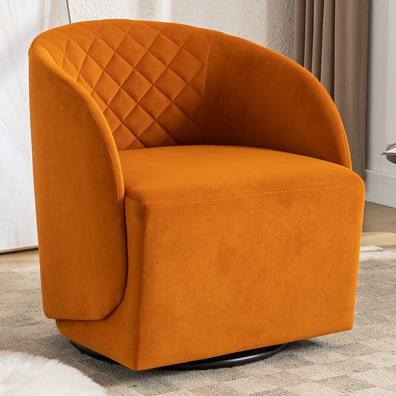 25" Orange Round Velvet Swivel Accent Barrel Chair With Black Base