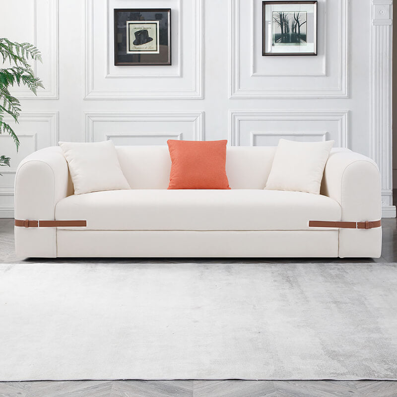 90.94" Modern Beige Sofa with Saddle Leather Belt Design