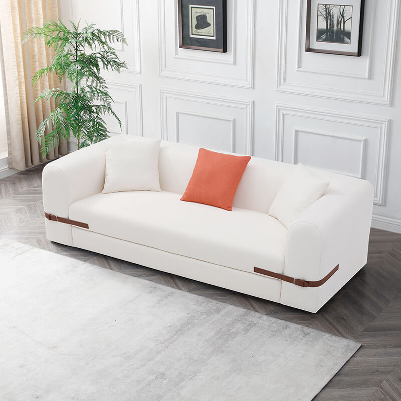 90.94" Modern Beige Sofa with Saddle Leather Belt Design