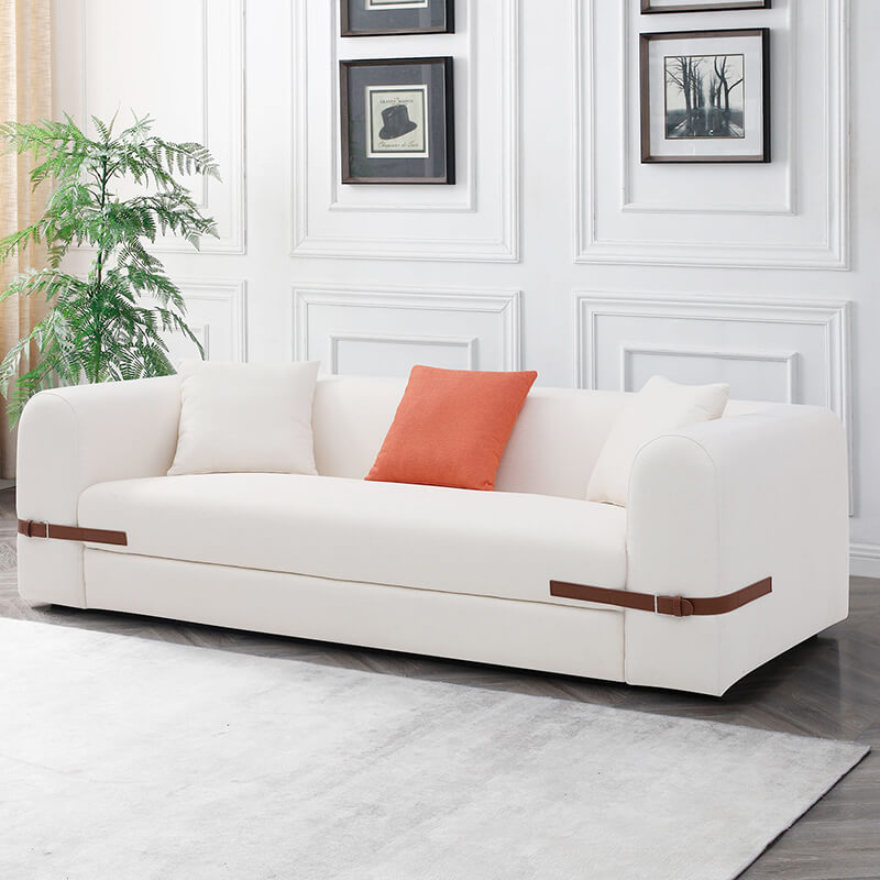 90.94" Modern Beige Sofa with Saddle Leather Belt Design