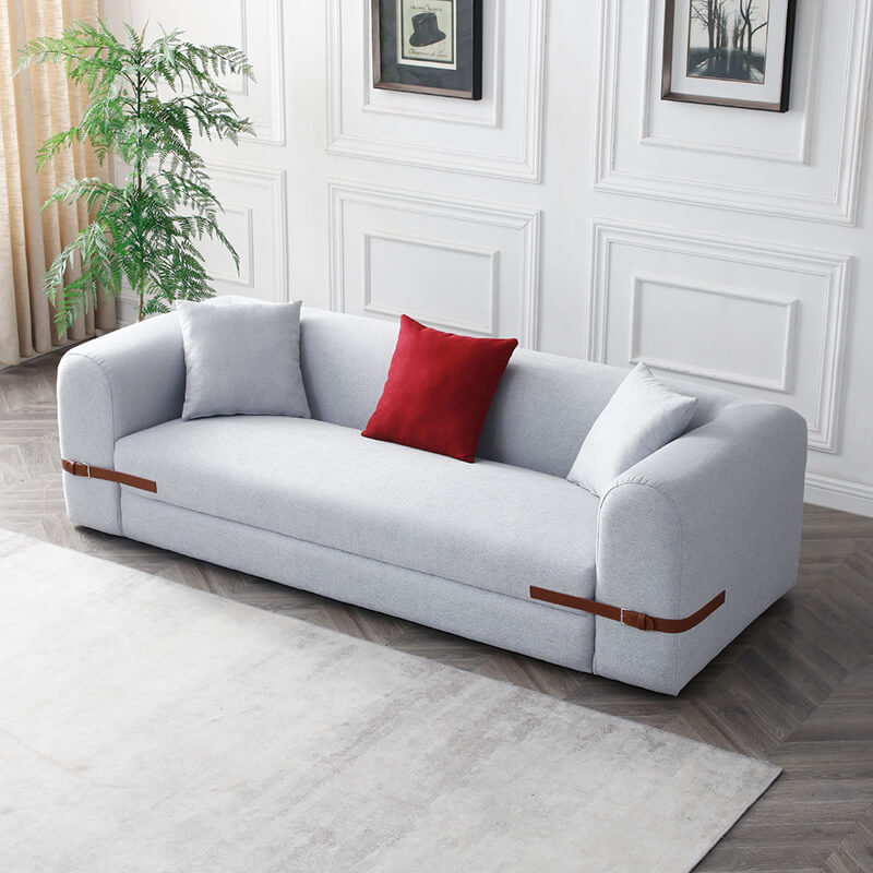 90.94" Modern Gray Sofa with Saddle Leather Belt Design