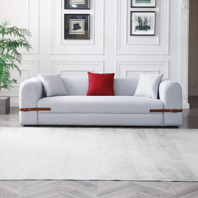 90.94" Modern Gray Sofa with Saddle Leather Belt Design