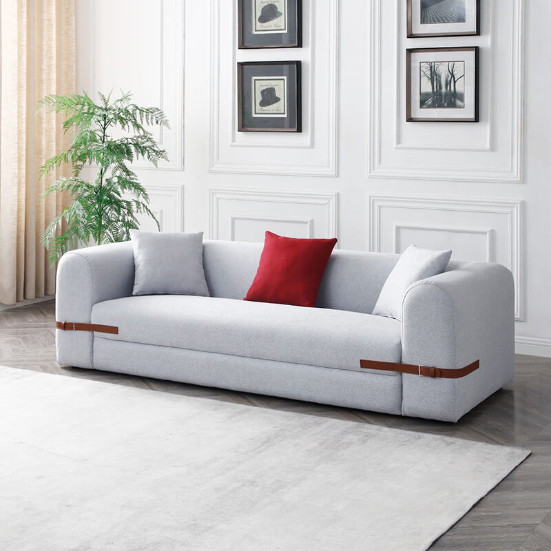 90.94" Modern Gray Sofa with Saddle Leather Belt Design