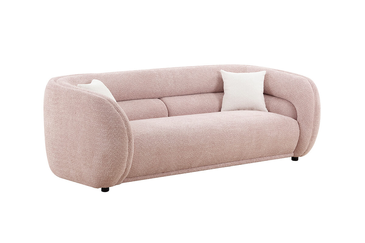 90" Modern Pink Curved Boucle Velvet Fabric 3-seater Sofa with 2 Throw Pillows