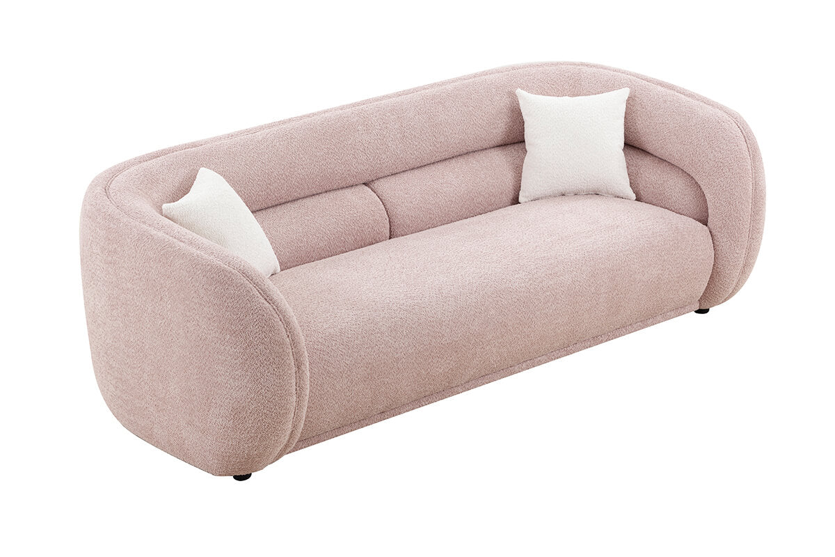 90" Modern Pink Curved Boucle Velvet Fabric 3-seater Sofa with 2 Throw Pillows