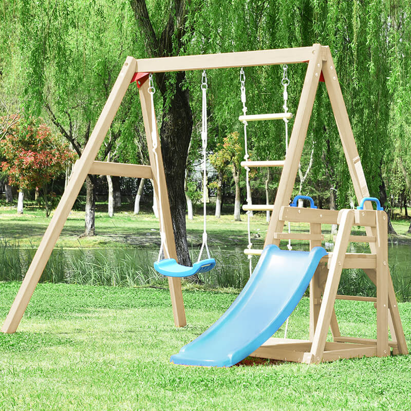 95" Playground Wooden Swing Set with Blue Slide