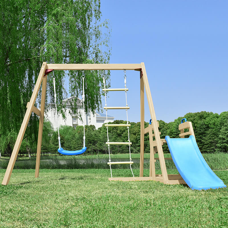 95" Playground Wooden Swing Set with Blue Slide