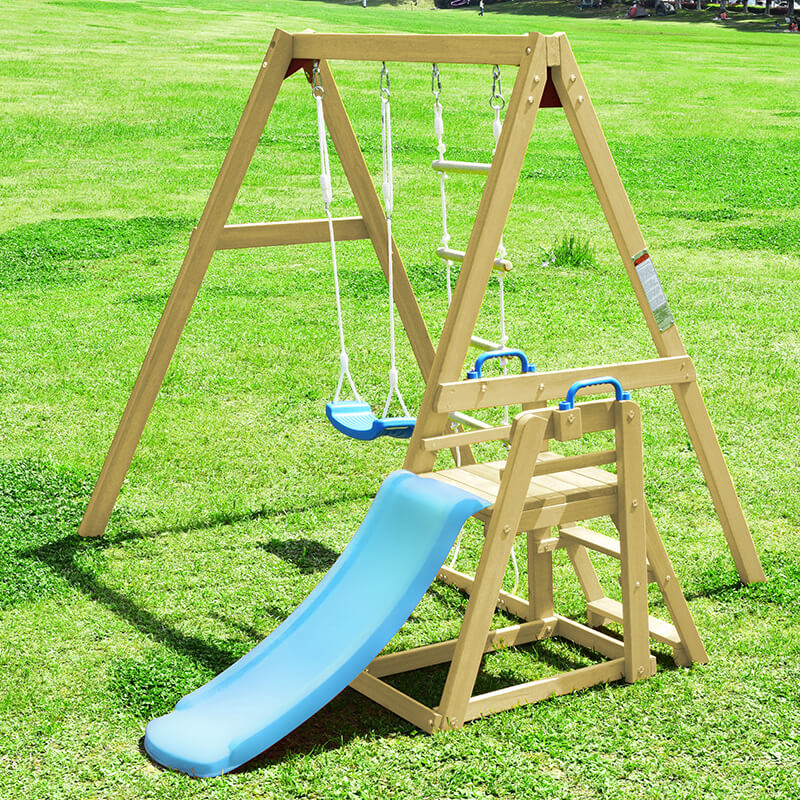 95" Playground Wooden Swing Set with Blue Slide