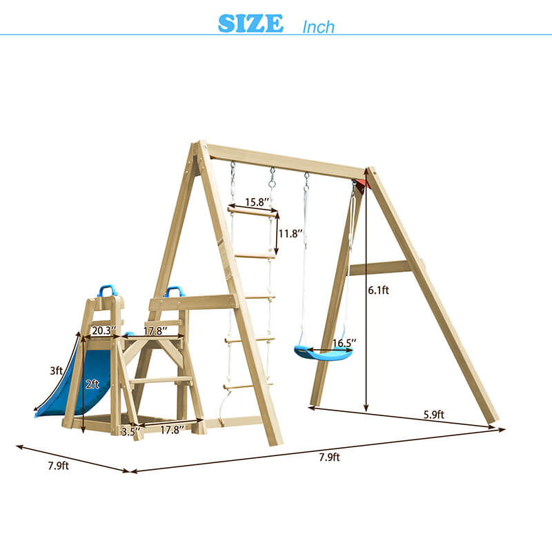 95" Playground Wooden Swing Set with Blue Slide