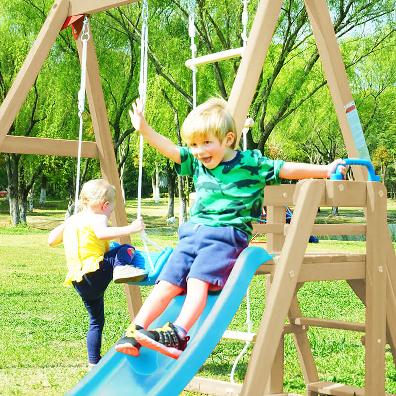 95" Playground Wooden Swing Set with Blue Slide