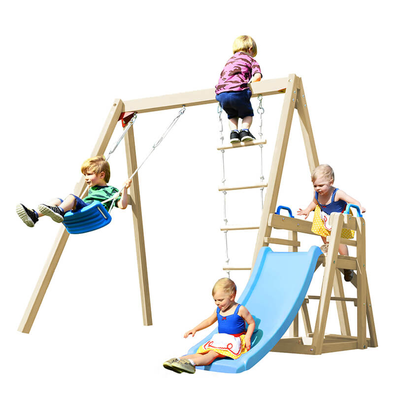 95" Playground Wooden Swing Set with Blue Slide