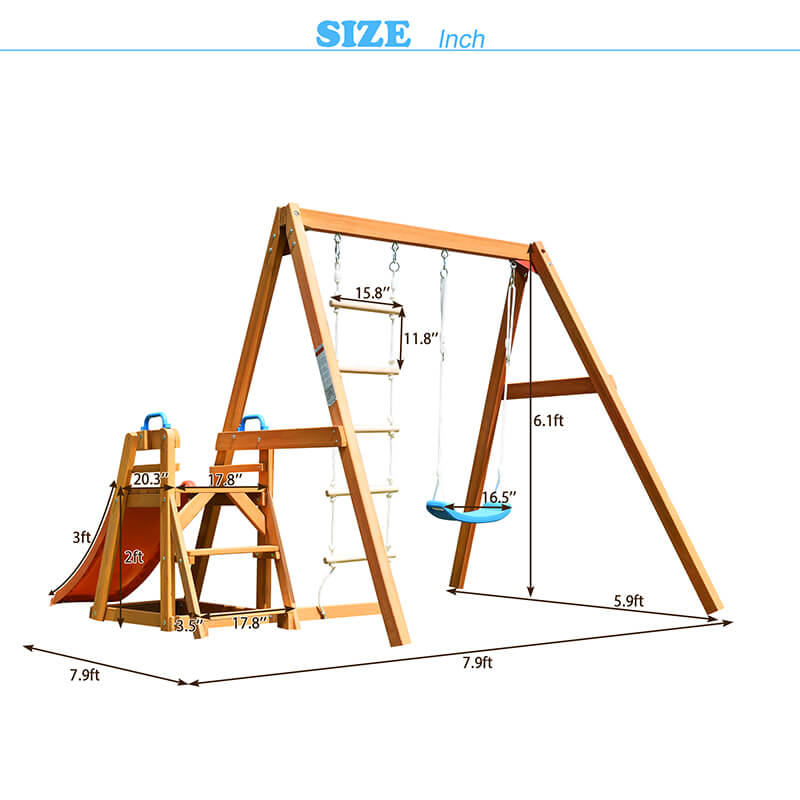 95" Playground Wooden Swing Set with Orange Slide - Outdoor Playset