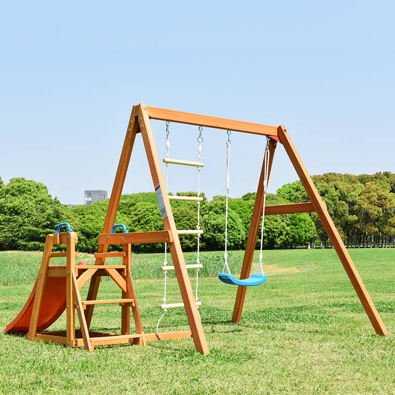 95" Playground Wooden Swing Set with Orange Slide - Outdoor Playset